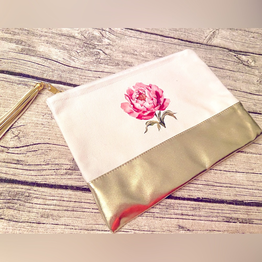 NEW. Large cotton canvas bag with faux golden leather. Flower vinyl print.